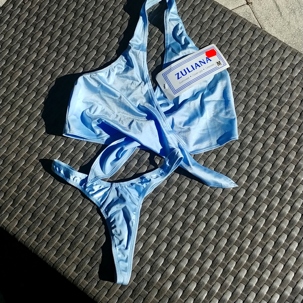 Baby blue vintage front tie thong bikini